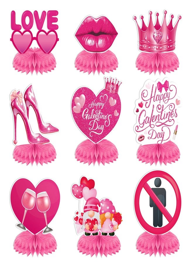 RoundFunny 9 Pcs Galentines Day Decorations Honeycomb Centerpieces 3D Pink Table Decorations Love-themed Ornaments for Happy Galentines Day Party Supplies - Image 1